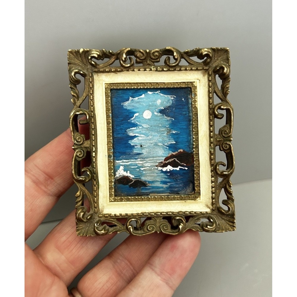 Vintage Dollhouse Miniature Night Ocean Moonlight Beach Painting In Mini Frame